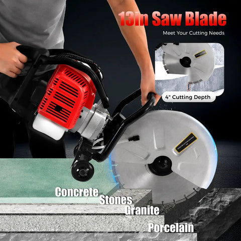 Badass Heavy Duty Concrete Cut Off Saw With Razor Blade And Rock Solid Steering Wheel Pro Masonry Workhorse For Wet Dry Brick Stone And Mortar Rough Jobs Around Town with 13-inch saw blade cutting through concrete.