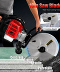 Professional Grade 52CC Two Stroke Gas Concrete Cutting Saw Featuring A Rugged Workhorse Design With 13 Inch Diamond Blade And Sturdy Rubber Wheels For Quick Slab Jobs cutting through concrete and stones.
