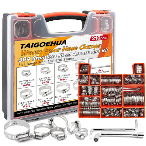210 Piece Hose Clamp Kit With Eight Sizes From 6 To 51mm Stainless Steel Worm Gear Clamps Heavy Duty Automotive Radiator And Fuel Line Set Includes Two Tools For Quick Tight Seals