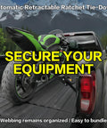 Heavy Duty Retractable Ratchet Straps Two Pack Tough As Nails Design securing motorcycle in truck bed with automatic tie-down.