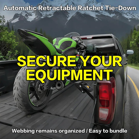 Heavy Duty Retractable Ratchet Straps Two Pack Tough As Nails Design securing motorcycle in truck bed with automatic tie-down.