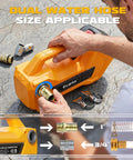Heavy Duty Cordless Water Transfer Pump With Zero Fuss Brushless Motor Delivers 760 Gph for attaching dual water hose fittings.
