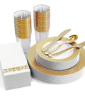 Kick Back Without The Hassle Using This Heavy Duty Gold Disposable Dinnerware Set For 25 Guests With Plates Cups Napkins Silverware Bpa Free Party Pack For Weddings And Block Parties, featuring gold trim plates and cups.