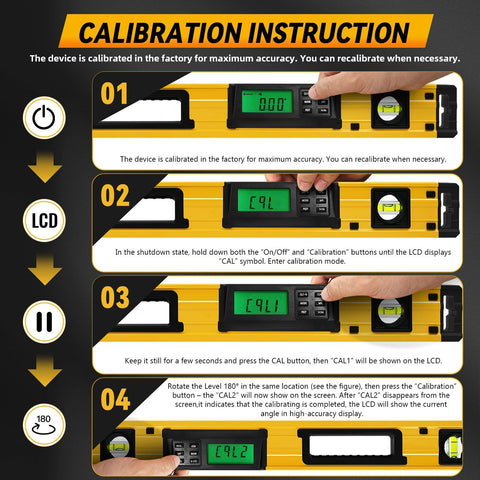 Calibration instructions for 24 Inch Digital Level Featuring A Slick LCD Display And Kickass Magnetic Back.
