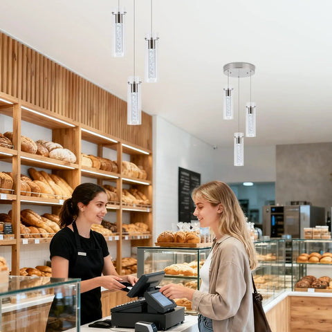 Bakery illuminated by Pendant Light Kit For Kitchen Island With Remote, Dimmable 3000K 4000K 6000K, brushed nickel, clear glass.