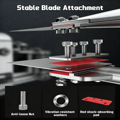 Stable blade attachment for Beefy Heavy Duty SDS Max Floor Tile Scraper Bit Kit with bolts, washers, and red shock-absorbing pad