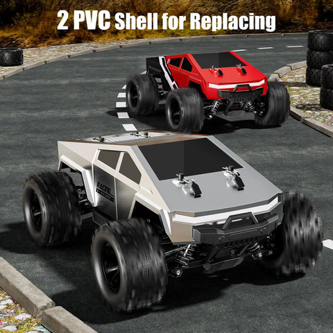 Red and white 1 18 Scale Fast RC Car With 40 Kmph Top Speed 4x4 Monster Off Road Truck on asphalt with PVC shell
