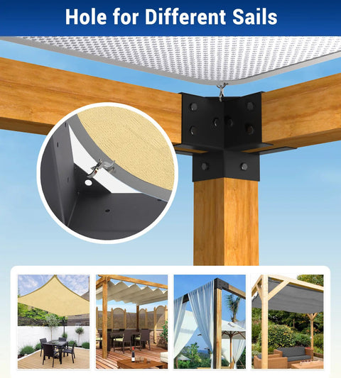 Heavy Duty 6x6 Pergola Brackets Kit With 2mm Steel Welded Construction and powder-coated finish, corner view on wooden structure