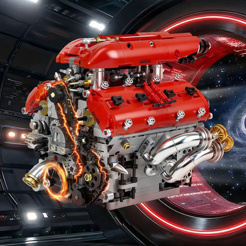 Visible V8 Engine Model Kit For Adults Build Your Own Working Car Motor with red cover and detailed camshaft system.