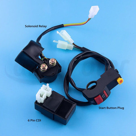 All In One Atv Wiring Harness Kit With Cdi Ignition Coil Solenoid Relay And Spark Plug Set showing solenoid relay, CDI, and switch.