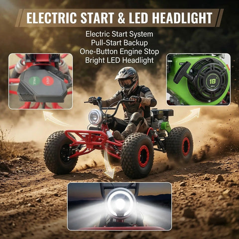 Rider driving 212cc Gas Powered Off Road Go Kart With CVT Drive And 420 Chain, red frame, electric start, LED headlight