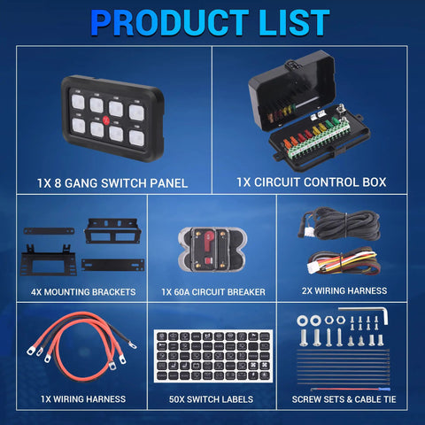 All In One Universal 8 Gang Switch Panel Kit with fuse box, wiring harnesses, circuit breaker, switch labels, and mounting brackets.