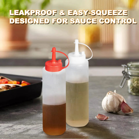 Two squeeze bottles from 5 In 1 Pro Grade Grill Tools Set With Insulated Meat Resting Blanket on kitchen counter.