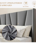 Flat Out Comfy Queen Size Upholstered Platform Bed Frame With Wingback Headboard And High Density Foam Padding Wrapped In Soft Breathable Velvet Fabric For Stylish Grey Rooms close up of plush velvet headboard.