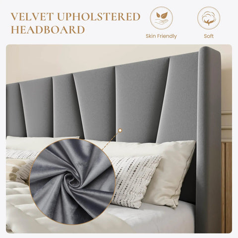Flat Out Comfy Queen Size Upholstered Platform Bed Frame With Wingback Headboard And High Density Foam Padding Wrapped In Soft Breathable Velvet Fabric For Stylish Grey Rooms close up of plush velvet headboard.