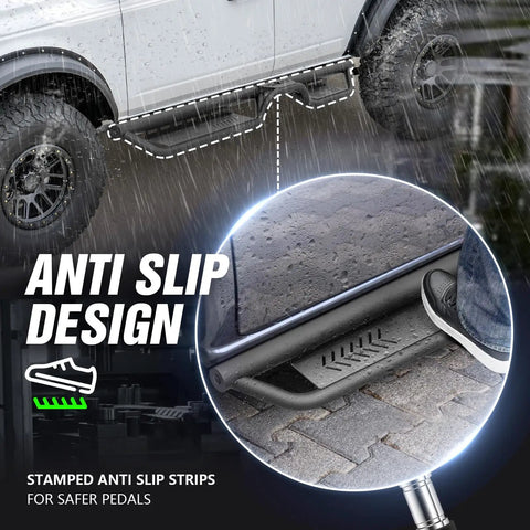 Two Tube Side Steps Compatible With 2021 To 2026 Ford Bronco featuring anti-slip design for secure footing during rainy conditions.
