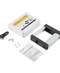 Trayless 5.25 Inch To 3.5 Inch Drive Bay For SATA And SAS HDDs And SSDs Aluminum Enclosure Hot Swap Ready Easy Swaps Between Systems Great For IT Pros Needing Quick Drive Transport, front view with box and accessories