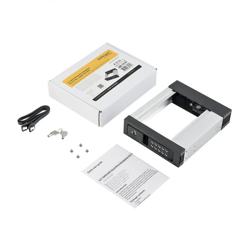 Trayless 5.25 Inch To 3.5 Inch Drive Bay For SATA And SAS HDDs And SSDs Aluminum Enclosure Hot Swap Ready Easy Swaps Between Systems Great For IT Pros Needing Quick Drive Transport, front view with box and accessories