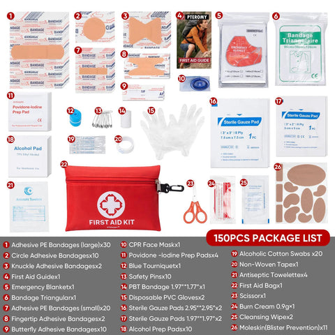 PTEROMY 150-piece mini first aid kit in red zip pouch with assorted bandages, gauze pads, scissors, and wipes