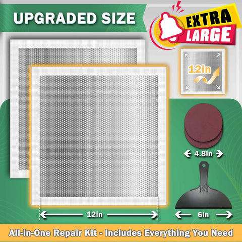 12 Inch By 12 Inch Drywall Repair Patch Kit With Heavy Duty Self Adhesive Mesh For Large Holes And Ceiling Cracks Quick And Easy Wall Patch Repair Kit For Fast Home Fixes, shown with mesh pattern and included tools.