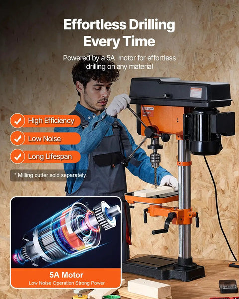 Built Different 12 Inch Benchtop Drill Press With Beefy 5 Amp Motor And Variable Speed Control, user operating drill on wood.