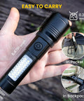 Beast Mode 99000 Lumen USB Rechargeable Flashlight held in hand showing compact size for easy carrying