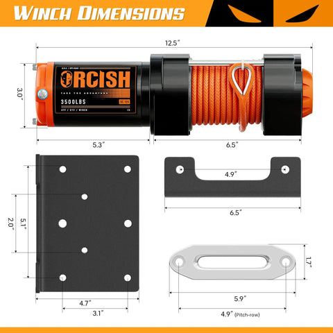 Diagram of 12V 3500Lbs Waterproof Electric Winch Kit for ATV UTV and Truck with dimensions and components