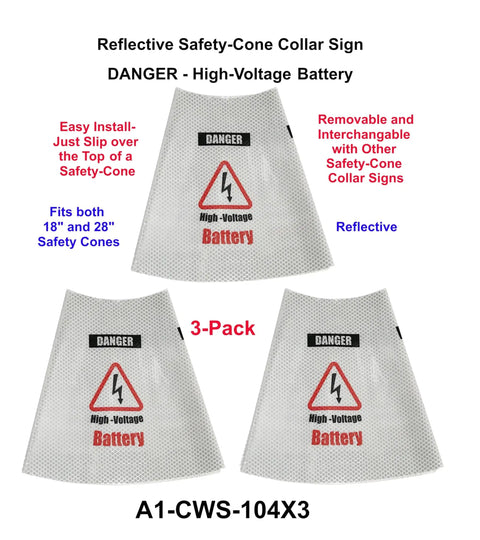 Top Shelf Reflective Safety Cone Collar Kit For EV Repair High Voltage Danger Warning Sign 3 Pack view of reflective cuff design.