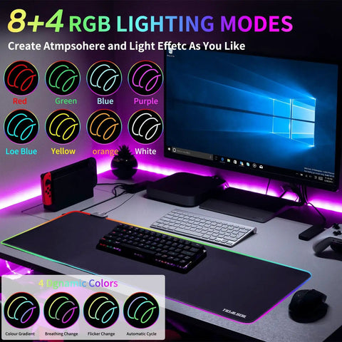 RGB Gaming Mouse Pad Oversized 31.5 By 11.8 Inches With 12 Light Modes Non Slip Rubber Base on office desk setup