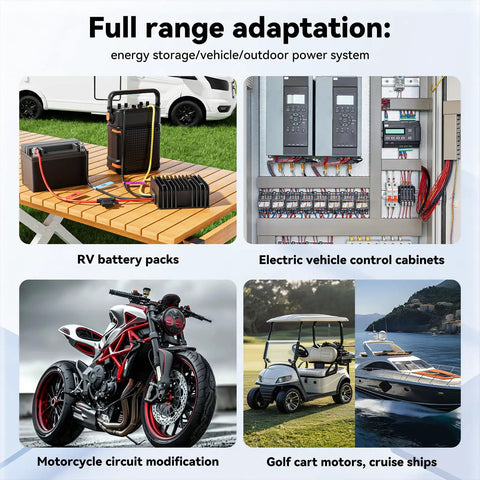 Collage of 36V To 12V DC-DC Converter For Golf Carts, RV battery pack, electric vehicle control, motorcycle, golf cart on dock.