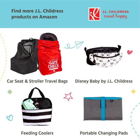 Collage featuring J.L. Childress travel gear including car seat bags, stroller gate check bag, Disney baby bag, feeding coolers, and changing pads.