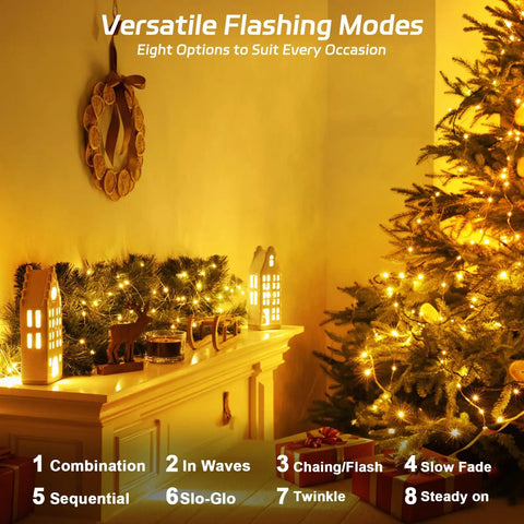 Outdoor Solar Fairy Lights Waterproof 16.4 Ft 50 LEDs String Lights For Patio Backyard Garden 8 Modes Two Pack Warm White Glow Holiday Decor For Christmas Halloween illuminating a festive room with a decorated Christmas tree.