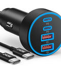 90W 4 Port Car Charger With USB C And USB A Fast Charge Dual USB C PD3.0 And USB A QC3.0 Cigarette Lighter Adapter with 240W Type C Cable