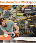 Beefed Up Heavy Duty Power Tool Organizer Wall Mount With Four Layer Drill Holder And Garage Tool Rack Alloy Steel Wall Shelf For Cordless Drill Charging Station And Accessories Ultra Durable Metal Storage Solution, shown installed with tools.