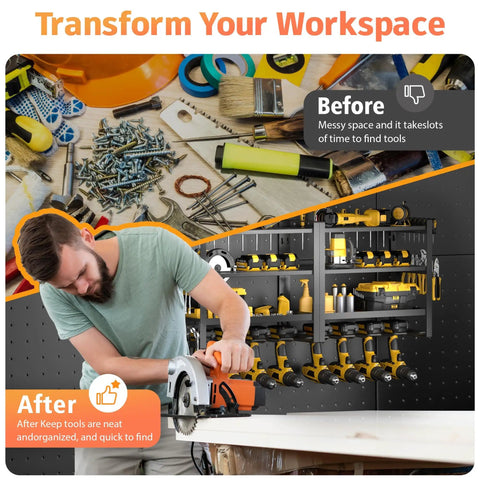 Beefed Up Heavy Duty Power Tool Organizer Wall Mount With Four Layer Drill Holder And Garage Tool Rack Alloy Steel Wall Shelf For Cordless Drill Charging Station And Accessories Ultra Durable Metal Storage Solution, shown installed with tools.