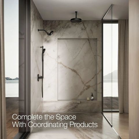 Bathroom with Statement VES Single-Function Handshower Matte Black 1.5 GPM Water-Saving Shower Head, marble walls