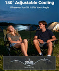 Camping scene with two people enjoying a Tiny USB Desk Fan You Can Take Anywhere With Quiet 4 Speed Rechargeable Battery Powered Personal Fan