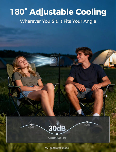 Camping scene with two people enjoying a Tiny USB Desk Fan You Can Take Anywhere With Quiet 4 Speed Rechargeable Battery Powered Personal Fan