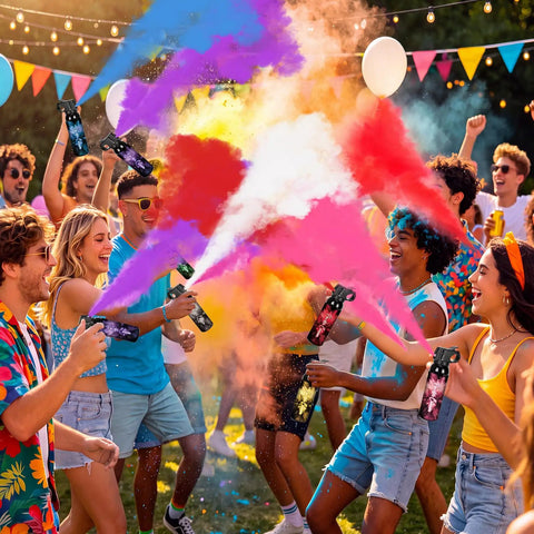 Vibrant Yellow Smoke Bomb Powder Cannon For Gender Reveal Parties And Baby Showers Super Hype For Making Epic Photo Moments Safe Trigger Pull Ready Two Pack used at outdoor celebration with colorful powder.