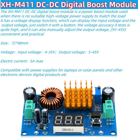 Adjustable DC To DC Boost Converter Module 3 To 35V In 5 To 45V Out 5A Max with digital display and copper coil, 72x48mm.