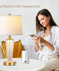 Gold Finish Table Lamp Set Of 2 With Night Lights And USB Ports, Modern Bedside Lamps For Living Room Or Bedroom