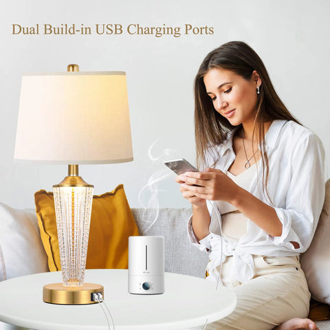 Gold Finish Table Lamp Set Of 2 With Night Lights And USB Ports, Modern Bedside Lamps For Living Room Or Bedroom