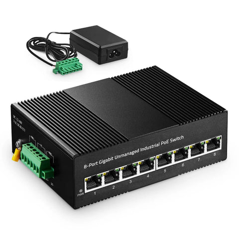 Industrial 8 Port Gigabit PoE Ethernet Switch With 16Gbps Switching Capacity 96W Power Supply DIN Rail Mount
