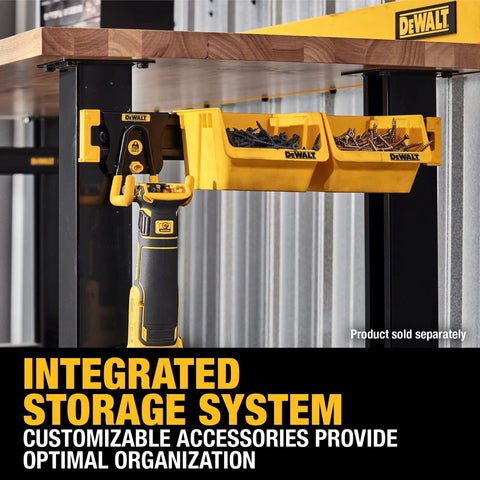 Integrated storage system with customizable accessories including a tool organizer rail and yellow bins mounted on a workbench.