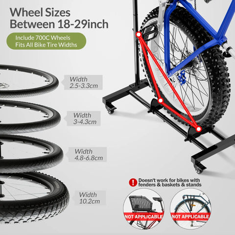 Vertical Bike Stand With Easy Rolling Wheels And Adjustable Height For 29 Inch Wheels shown holding MTB, suitable for indoor use.