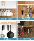 Three Pack Under Shelf Coffee Mug Holders Clip On Cup Hooks No Drilling Easy Install For Flat Shelves Without Lip No Drill The Ultimate Cup Organizer shown in bar counter, wardrobe, kitchen, and entryway settings