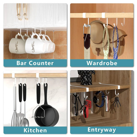 Three Pack Under Shelf Coffee Mug Holders Clip On Cup Hooks No Drilling Easy Install For Flat Shelves Without Lip No Drill The Ultimate Cup Organizer shown in bar counter, wardrobe, kitchen, and entryway settings