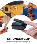 Wearable Clip On Bluetooth Speaker IP67 Waterproof Lightweight Portable Personal Hands Free Speaker With Wireless Stereo Pair ENC Mic Non Magnetic Black For Golf Work Pool And Outdoor Adventures in use and being held.