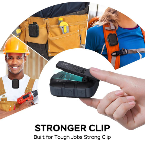 Wearable Clip On Bluetooth Speaker IP67 Waterproof Lightweight Portable Personal Hands Free Speaker With Wireless Stereo Pair ENC Mic Non Magnetic Black For Golf Work Pool And Outdoor Adventures in use and being held.