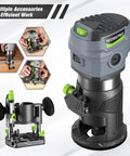 Compact Router Combo Kit With Fixed Base And Plunge, 6.5 Amp Power, Six Speed Range Up To 32000 RPM, shown with accessories